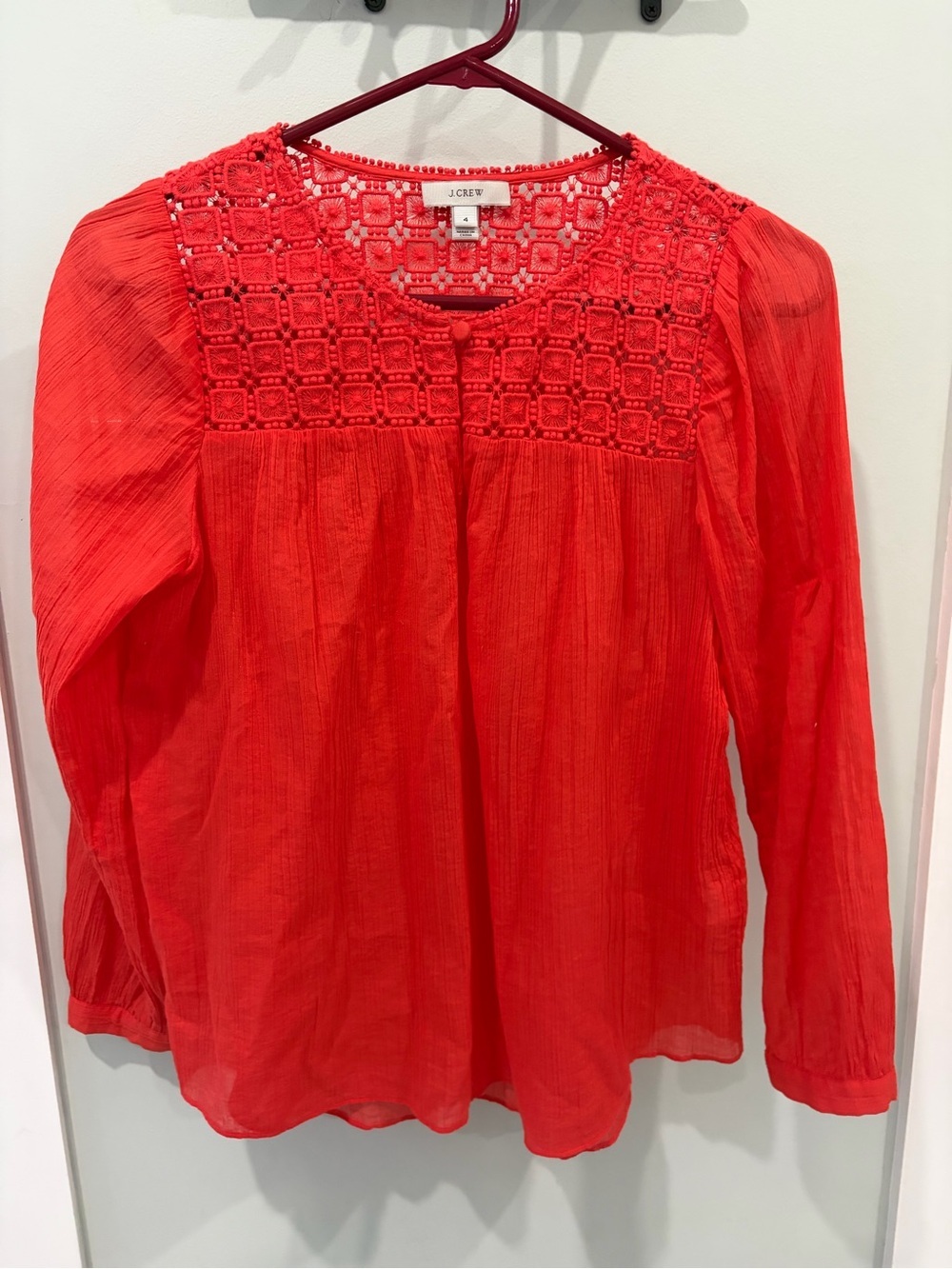J. Crew women’s Small Crochet Embroidery Long-Sleeve Blouse lightweight cotton